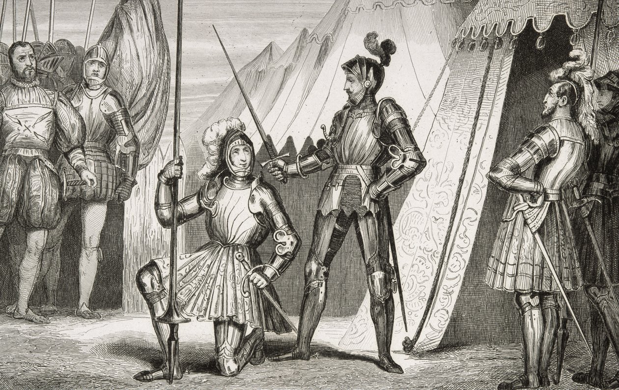 Francois I (1494-1547) pasowany na rycerza przez kapitana Bayarda po bitwie pod Marignano, z „Histoire de France” Colarta, wydanej ok. 1840 r. autorstwa French School
