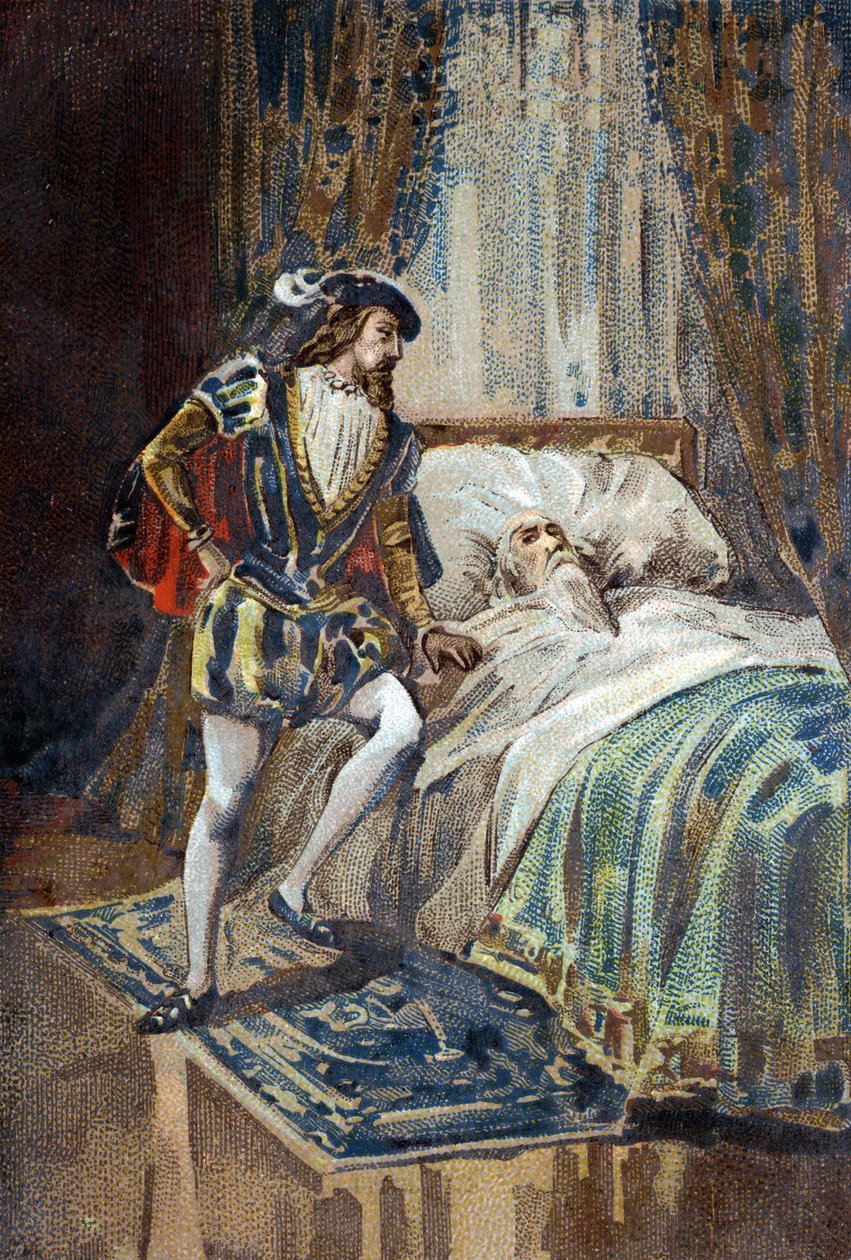 Francois I król Francji odbiera ostatnie westchnienia Leonarda de Vinci (Leonardo da Vinci) w Clos Luce. Chromolitografia około 1890 r. autorstwa French School