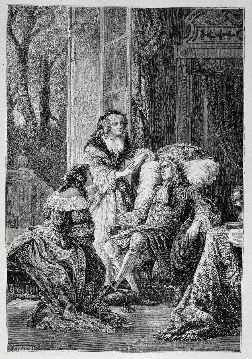 Francois de la Rochefoucauld (1613-1680) rozmawia z Mademoiselle de Sevigne (Marie de Rabutin-Chantal), markizą de Sevigne dit Madame de Sevigne (1626-1696) i Marie-Madeleine (Marie Madeleine) Pioche de La Vergne, hrabiną Lafayette (Pani F autorstwa French School