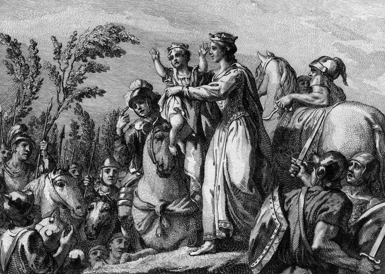 Fredegonde (545-597), królowa Neustrii, trzymająca w ramionach swego syna, przyszłego Clothary II (584-628); 584. Rycina z XVIII wieku. autorstwa French School