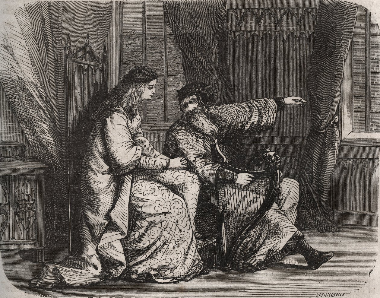 Fredegonde (545-597) zwierza się ze swoich obaw harfiarzowi Barbantiniemu, ponieważ jego kochanek Chilperic (wówczas król franków Chilperic I (543-597) nie ożenił się z nim. 565. Rycina z 1871 w „Histoire Des Cocuses Celebres”” autorstwa Henryka de Kocka ( autorstwa French School