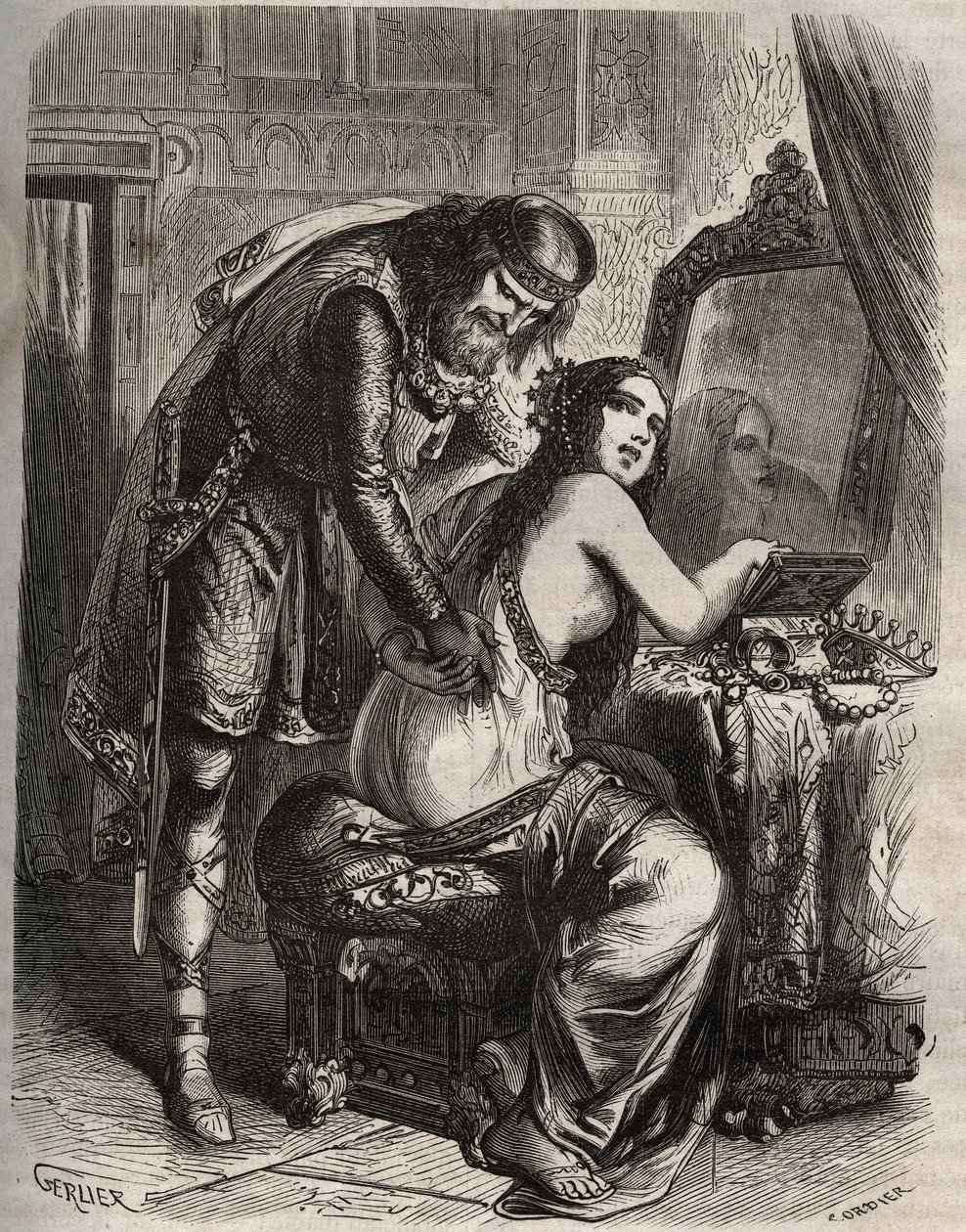 Fredegonde (545-597) zabiera swojego męża, króla franków Chilperic I (543-597), dla swojego kochanka Landerica. Król odkrywa, gdy jego żona go zdradza. Grawer z 1871 r. w „Histoire Des Cocuses Celebres” Henry