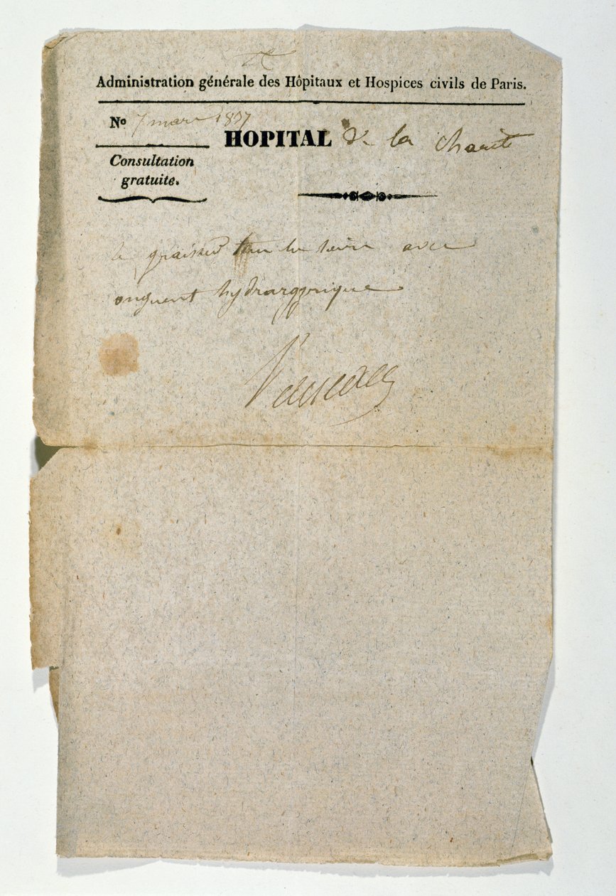 Bezpłatna recepta z Hopital de la Charite, Paryż, 7 marca 1837 autorstwa French School