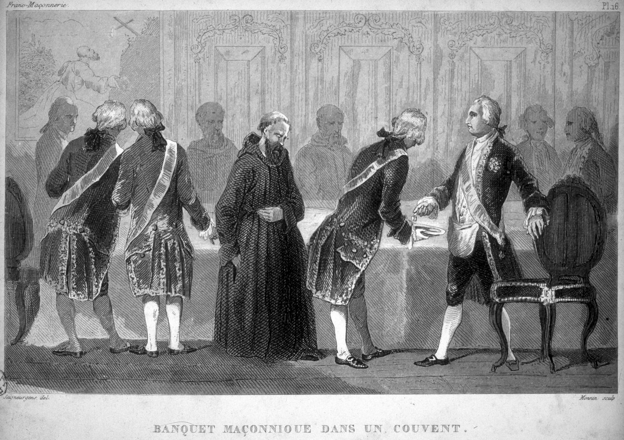 Freemaking: Bankiet Maconnic w klasztorze. Rycina z "Picturesque Histoire de la Franc Maconnerie et des Societes Secretes antique et modernes" autorstwa F.-T. B. Clavel. Pagnerre, redaktor. 1843. autorstwa French School
