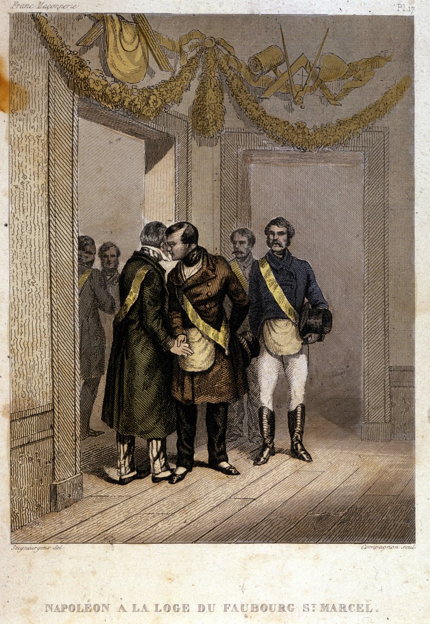 Freemaking: Napoleon Joseph Charles Paul Bonaparte, nazywany Księciem Hieronimem lub Plonplonem, zidentyfikowany przy wejściu do Świątyni Faubourg Saint Marcel. Grawer z „”Malowniczej historii masonerii i starożytnych tajnych stowarzyszeń autorstwa French School