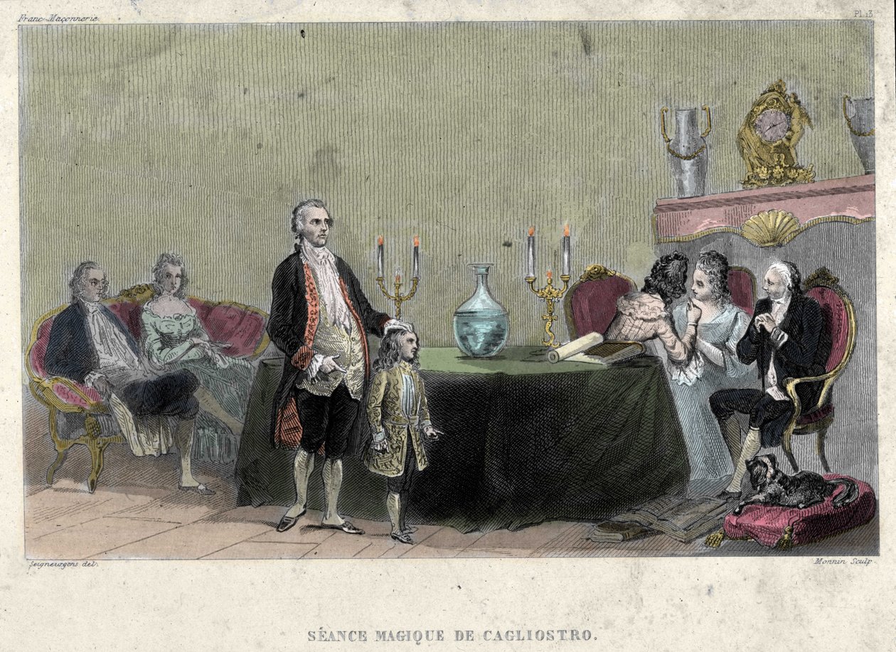 Freemaking: Seans magii Giuseppe Balsamo, znanego jako Aleksander, hrabia Cagliostro (1743-1795). Grawer z „Malownicza historia masonerii oraz starożytnych i nowoczesnych tajnych stowarzyszeń” autorstwa F.-T. B. Clavel. Pagnerre, redaktor autorstwa French School