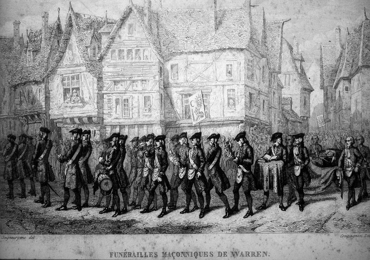 Masoneria: masoński pogrzeb Warrena Hastingsa (1732-1818), brytyjskiego administratora kolonialnego. Grawerowanie z „Malownicza historia masonerii oraz starożytnych i nowoczesnych tajnych stowarzyszeń” autorstwa F.-T. B. Clavel. Pagnere, redaktor. 1843. autorstwa French School