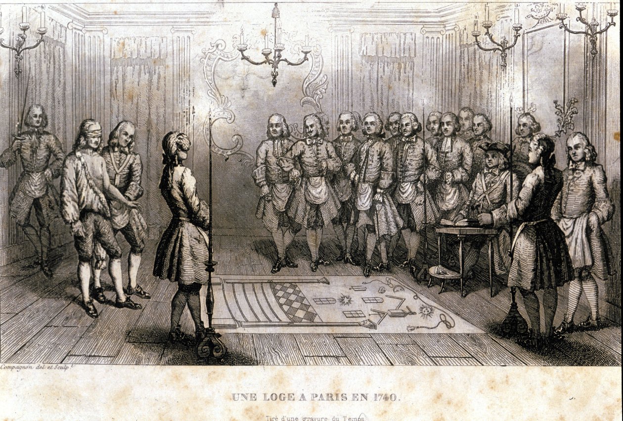 Masoneria: tajne spotkanie w loży w Paryżu w 1740 r. Grawerowanie z „”Malowniczej historii masonerii oraz starożytnych i nowoczesnych tajnych stowarzyszeń” autorstwa F.-T. B. Clavel. Pagnere, redaktor. 1843. autorstwa French School