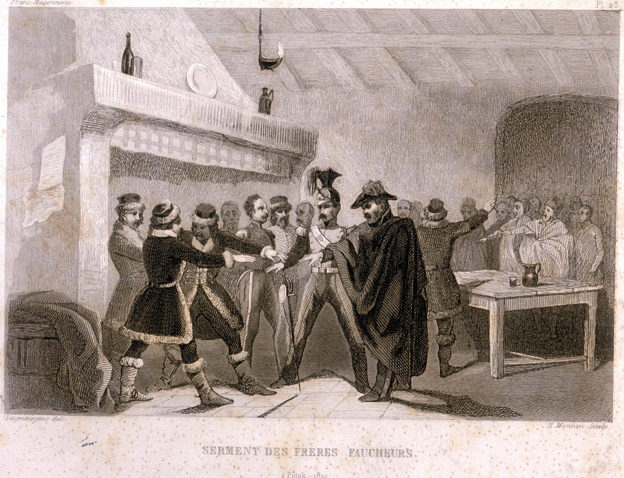 Wolnomularstwo: przysięga braci żniwiarzy w Potoku w 1821 r. Rycina z „” Malowniczej Historii Francuzów Maconnerie et des Societes Secretes antique et moderne” autorstwa F.-T. B. Clavel. Pagnere, redaktor. 1843. autorstwa French School