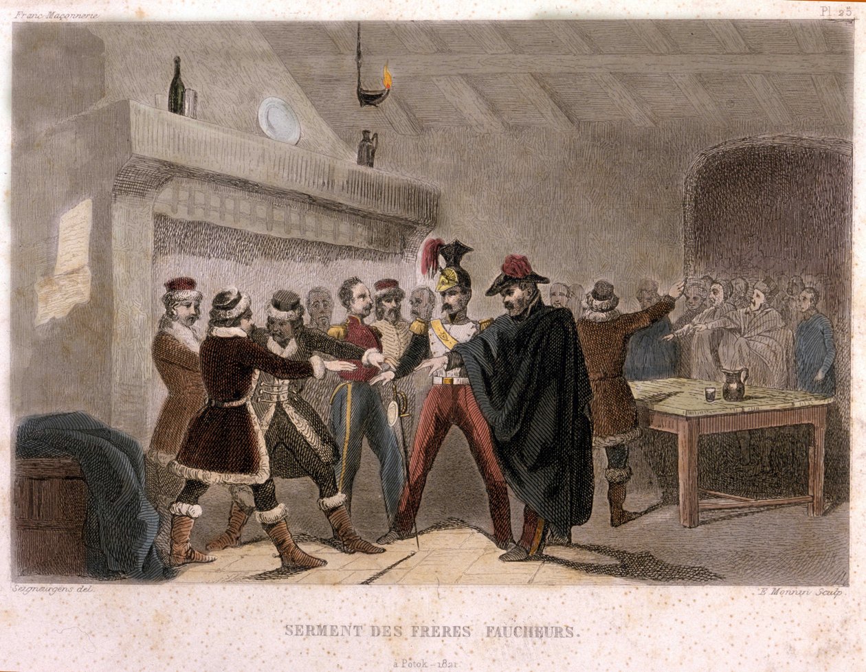 Wolnomularstwo: przysięga braci żniwiarzy w Potoku w 1821 r. Rycina z „” Malowniczej historii francuskiej Maconnerie et des Societes Secretes antique et moderne” autorstwa F.-T. B. Clavel. Pagnere, redaktor. 1843. autorstwa French School