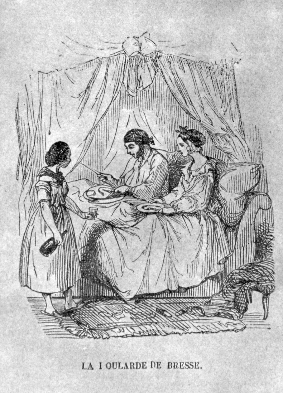 Francuski ilustracja osoby przykutej do łóżka z dną moczanową. 1848 (grawerowanie) autorstwa French School