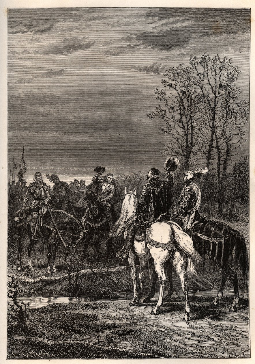 Francuskie wojny religijne - Październik 1569 Wojna Religijna - Rozmowy poprzedzające bitwę pod Moncontour (Henri, przyszły książę Anjou Henryk III i Gaspard II z Coligny - Bitwa pod Moncontour (październik 1569) - grawerowanie z „” Historia opowiedziana w autorstwa French School