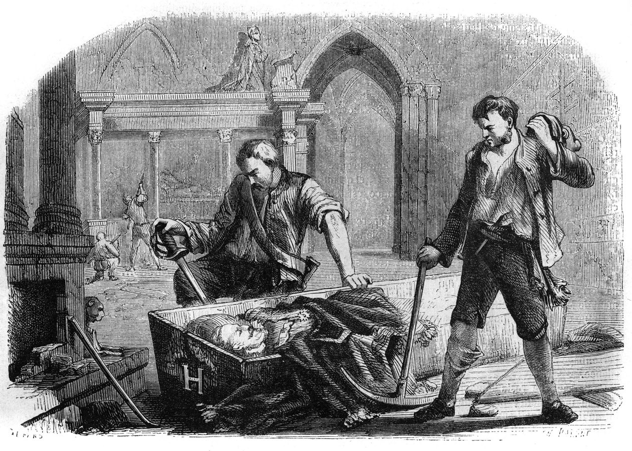 Rewolucja Francuska (Konwencja): otwarcie trumny króla Henryka IV (1553-1610) podczas profanacji grobów królewskich kościoła św. Denisa w 1793 r. Rycina z 1860 r. autorstwa French School