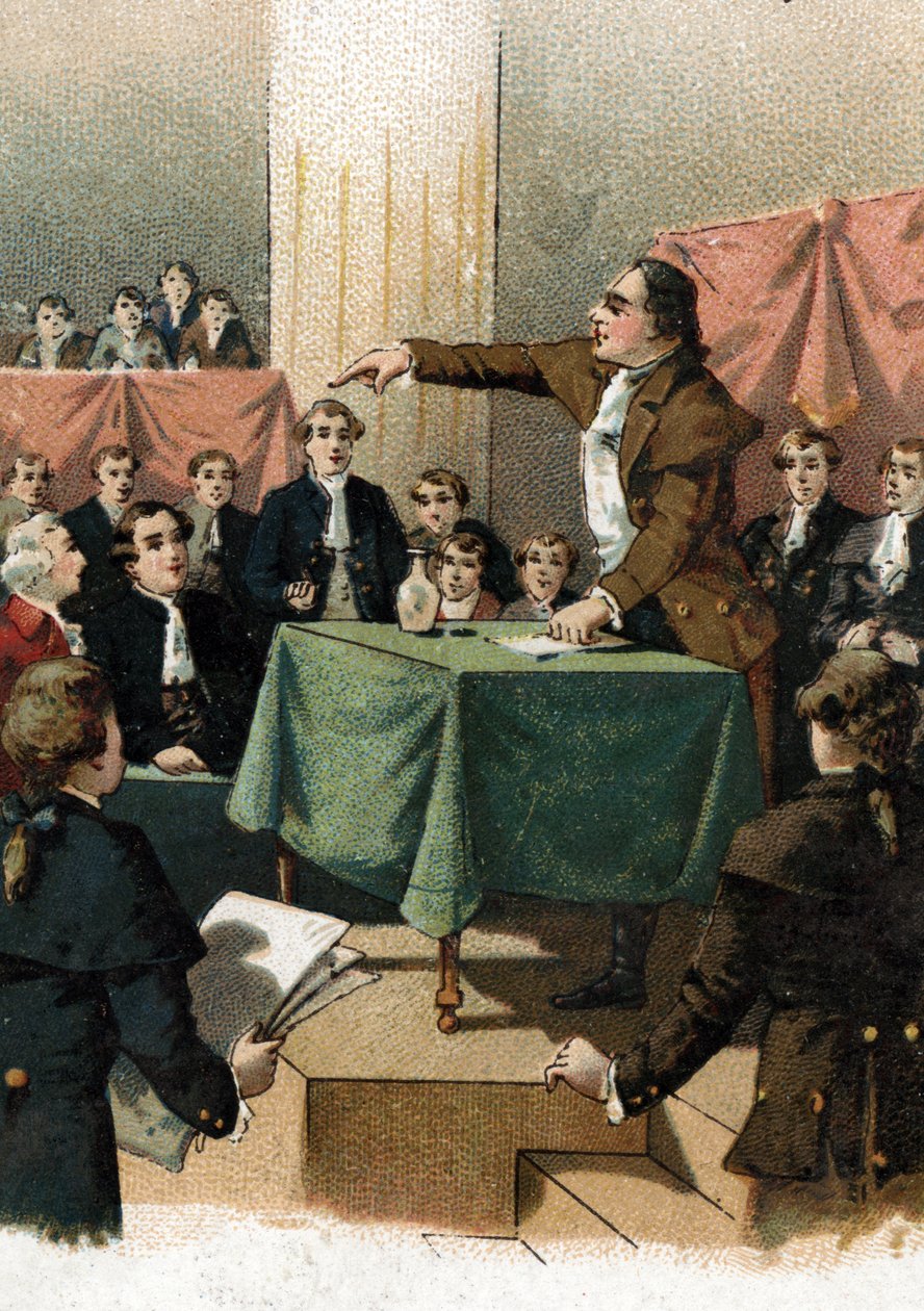 Rewolucja francuska – Georges Jacques Danton (1759-1794) wykrzykujący „” do pokonania, potrzebujemy zuchwałości i zawsze zuchwałości”” Sierpień 1792 (Rewolucja francuska: Georges Danton mówi „” Potrzebujemy zuchwałości, i jeszcze więcej zuchwałości, i zaws autorstwa French School