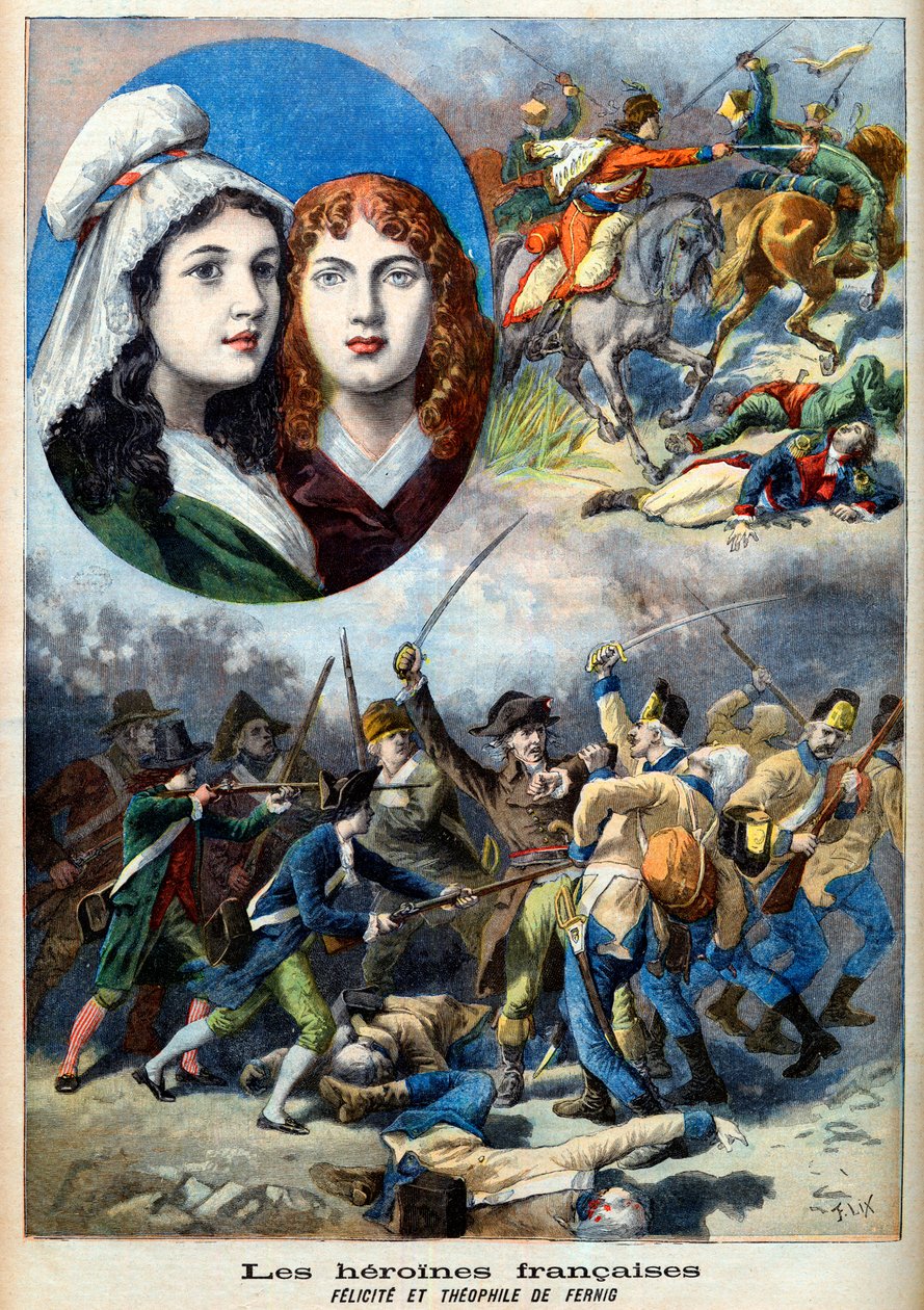 Rewolucja Francuska - Francuskie bohaterki: siostry Felicyta (1770-1841) i Teofila (1875-1819) autorstwa Ferniga, które w przebraniu mężczyzny walczyły z Austriakami, by pilnować ojca w 1792 r. - ilustracja z „Le Petit Journal” z 7 sierpnia 1894 autorstwa French School