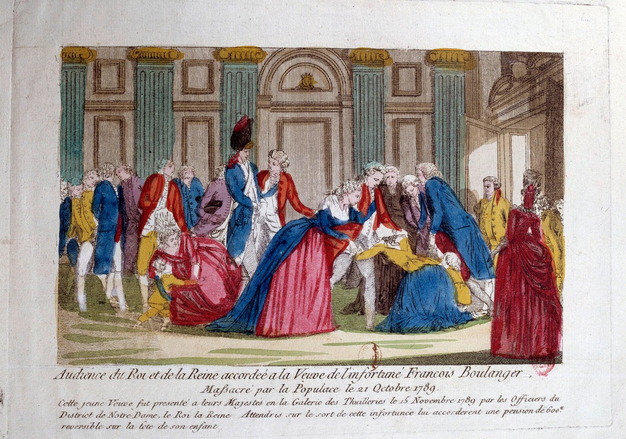 Rewolucja Francuska: „” Audiencja Ludwika XVI i Marii Antoniny w dniu 15.11.1789 udzielona wdowie po masakrze Francois Boulanger przez lud 21.10.1789”” Rycina z XVIII wieku. Paryż, Biblioteka Arsenału autorstwa French School