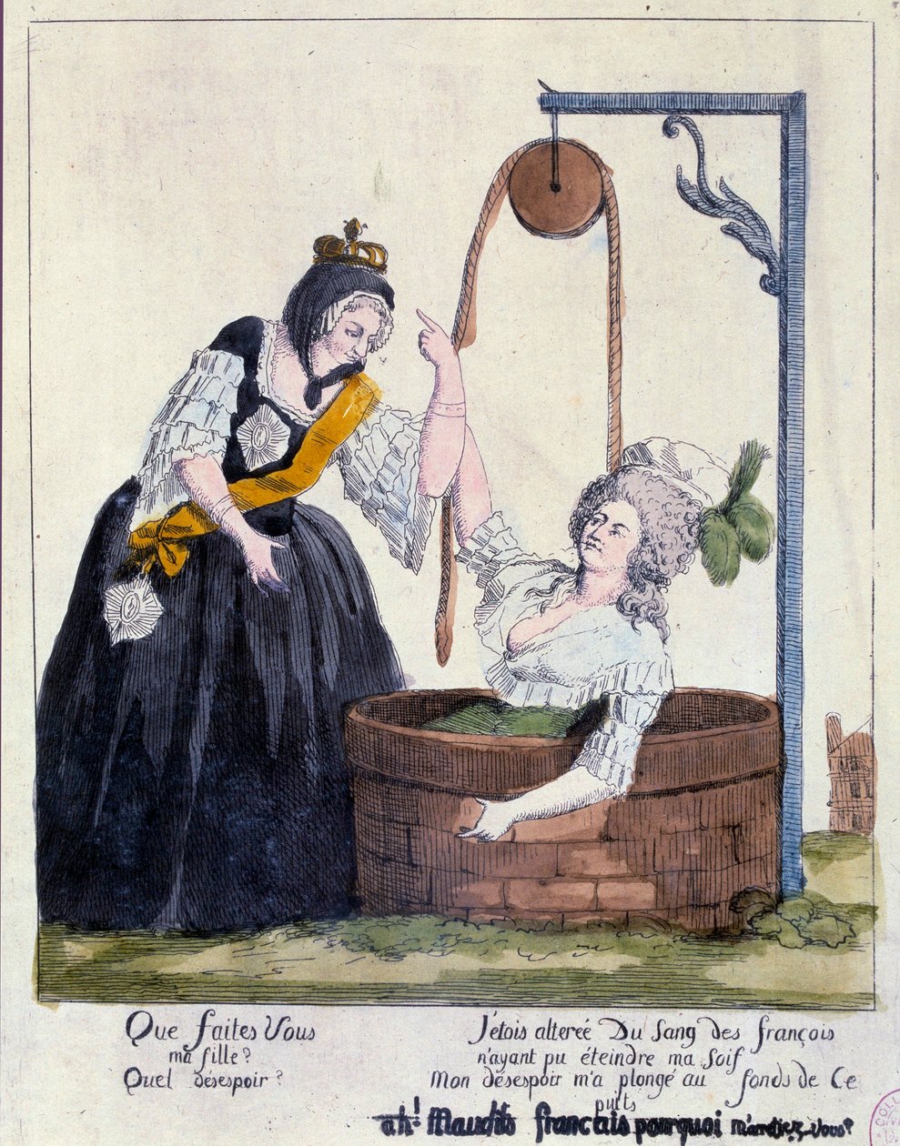 Rewolucja Francuska: Karykatura przeciwko królowej Marii Antoninie (1755-1793) spadła na dno studni za to, że chciała ugasić pragnienie francuskiej krwi. 18 wiek. Paryż, B.N. autorstwa French School
