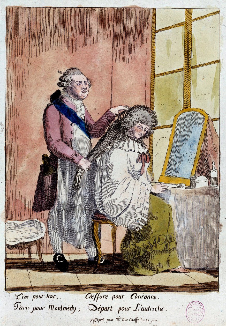 Rewolucja francuska: Kreskówka o ucieczce rodziny królewskiej do Varenne w dniach 20 i 21/06/1791: Król Ludwik XVI stylizujący królową Marię Antoninę miał wyjechać z fałszywym paszportem guwernantki dzieci baronowej Korff. Anonimowy kolor autorstwa French School