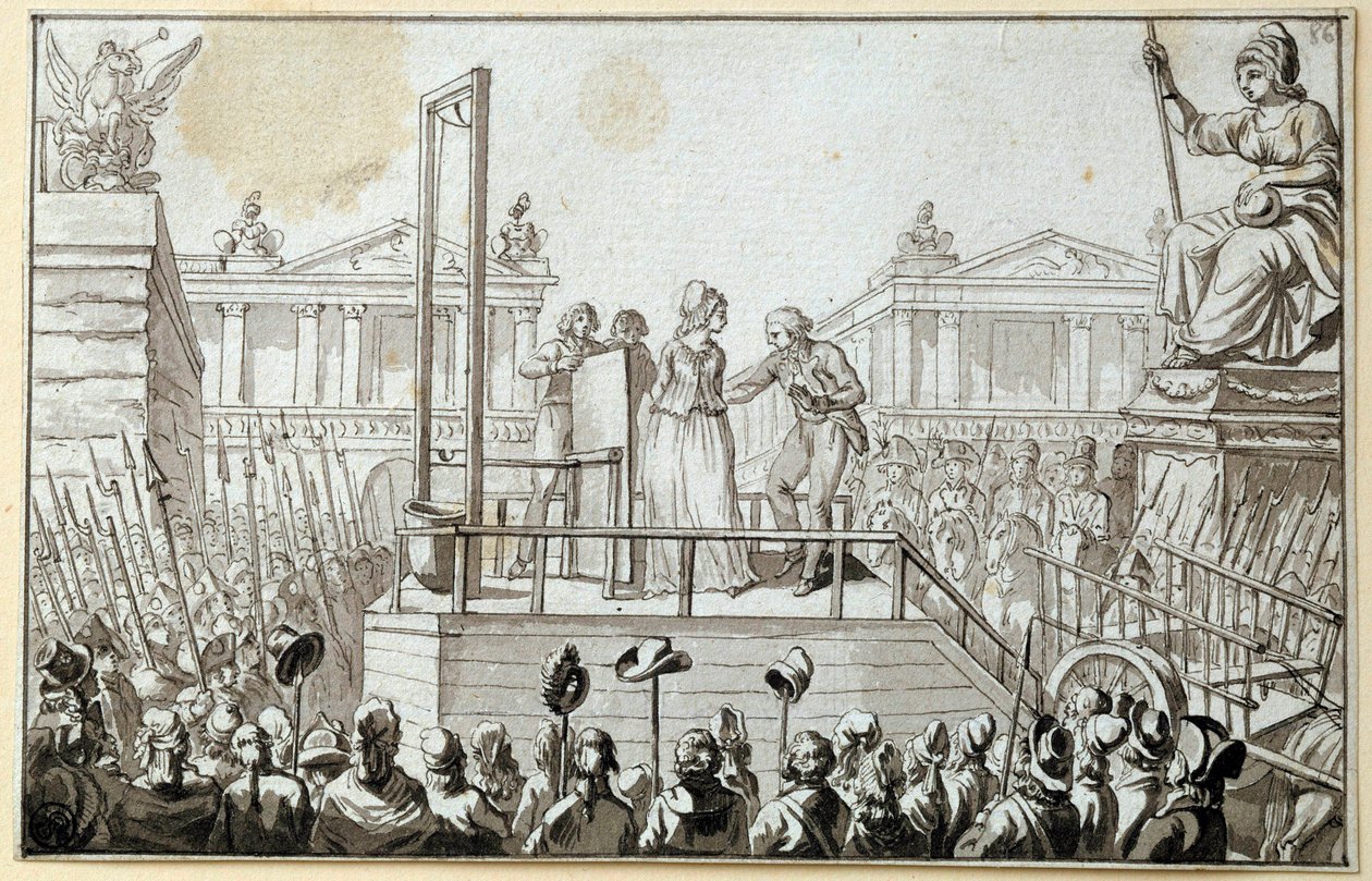 Rewolucja francuska: "Królowa Maria Antonina (1755-1793) na rusztowaniu w październiku 1793" Rysunek anonimowy czarnym tuszem. 1793 Sun. 0,096x0,15 m. Paryż, Muzeum Luwr autorstwa French School