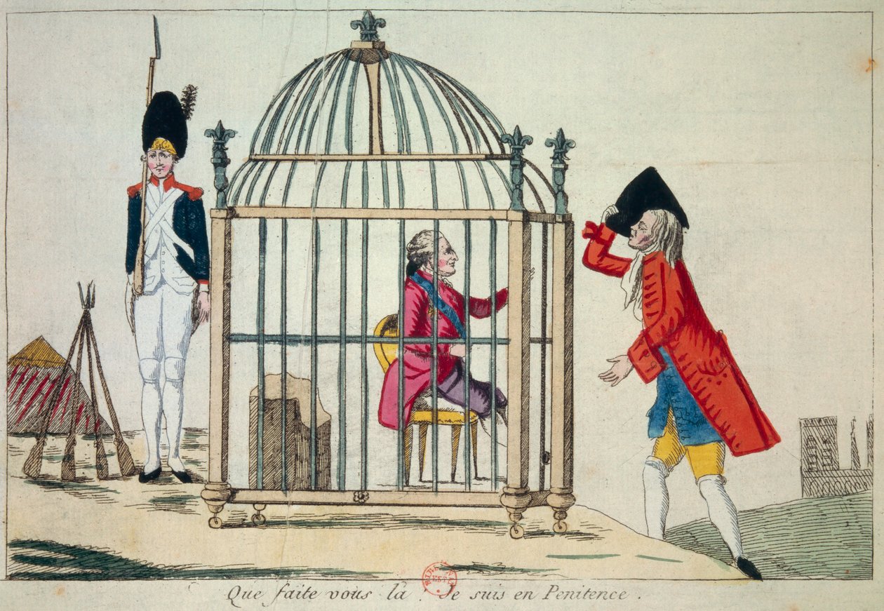 Rewolucja Francuska: „Co robisz, jestem w skrusze” Król Ludwik XVI (1754-1793) przedstawia w klatce w przededniu jego ucieczki do Varennes w czerwcu 1791 r. Rycina satyryczna Paryż, Biblioteka Arsenału autorstwa French School