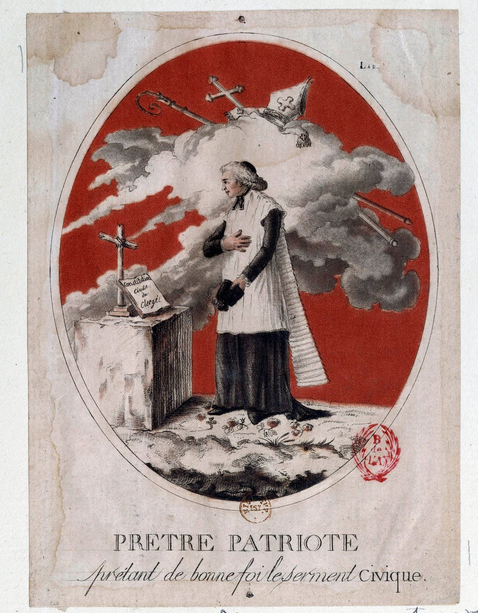 Rewolucja Francuska: ksiądz-patriota składający przysięgę obywatelską w dobrej wierze. Rycina z XVIII wieku. Paryż, Biblioteka Arsenału autorstwa French School
