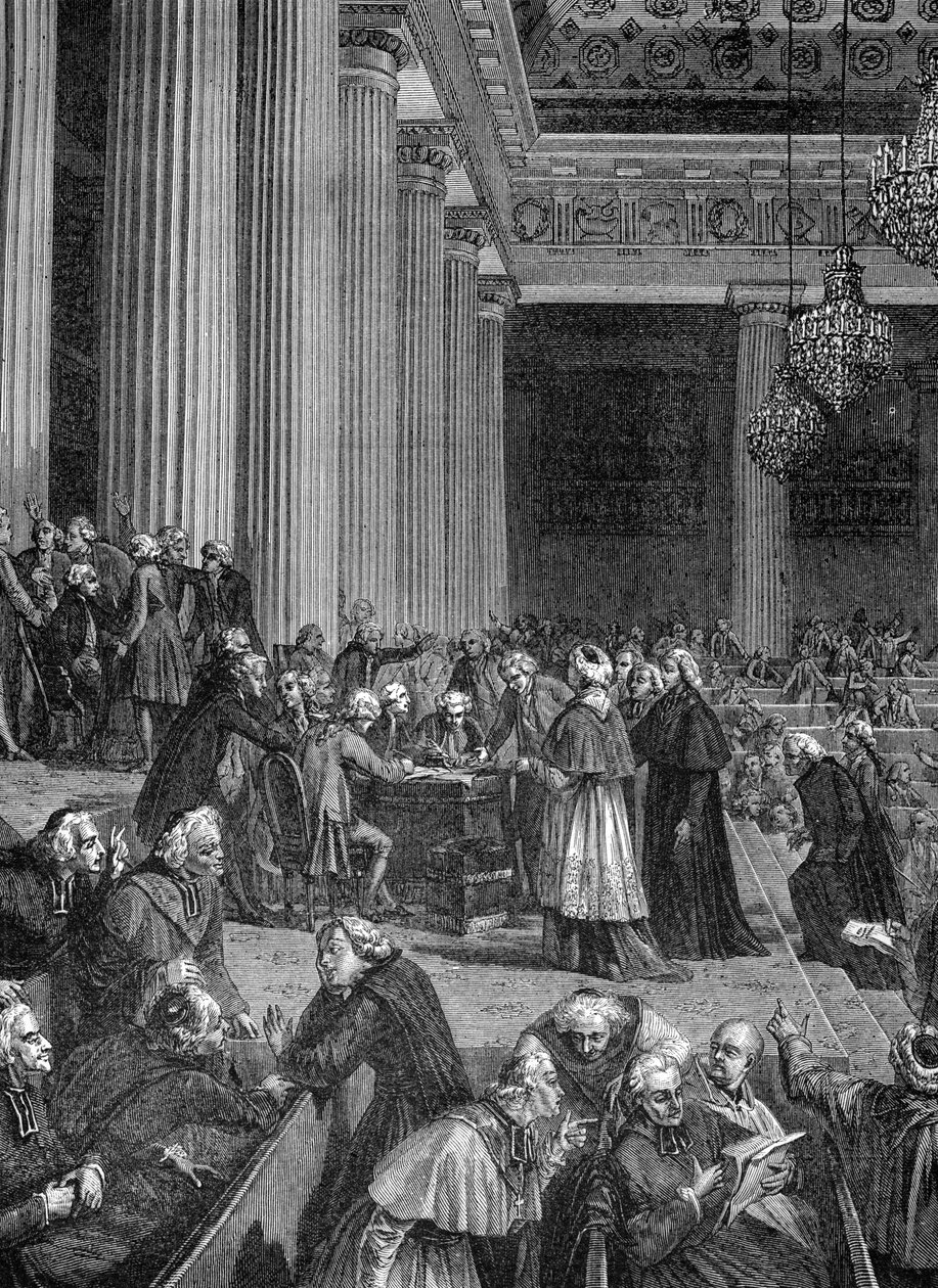 Rewolucja Francuska: zniesienie przywilejów w Zgromadzeniu Narodowym w 1789 r. (rycina) autorstwa French School