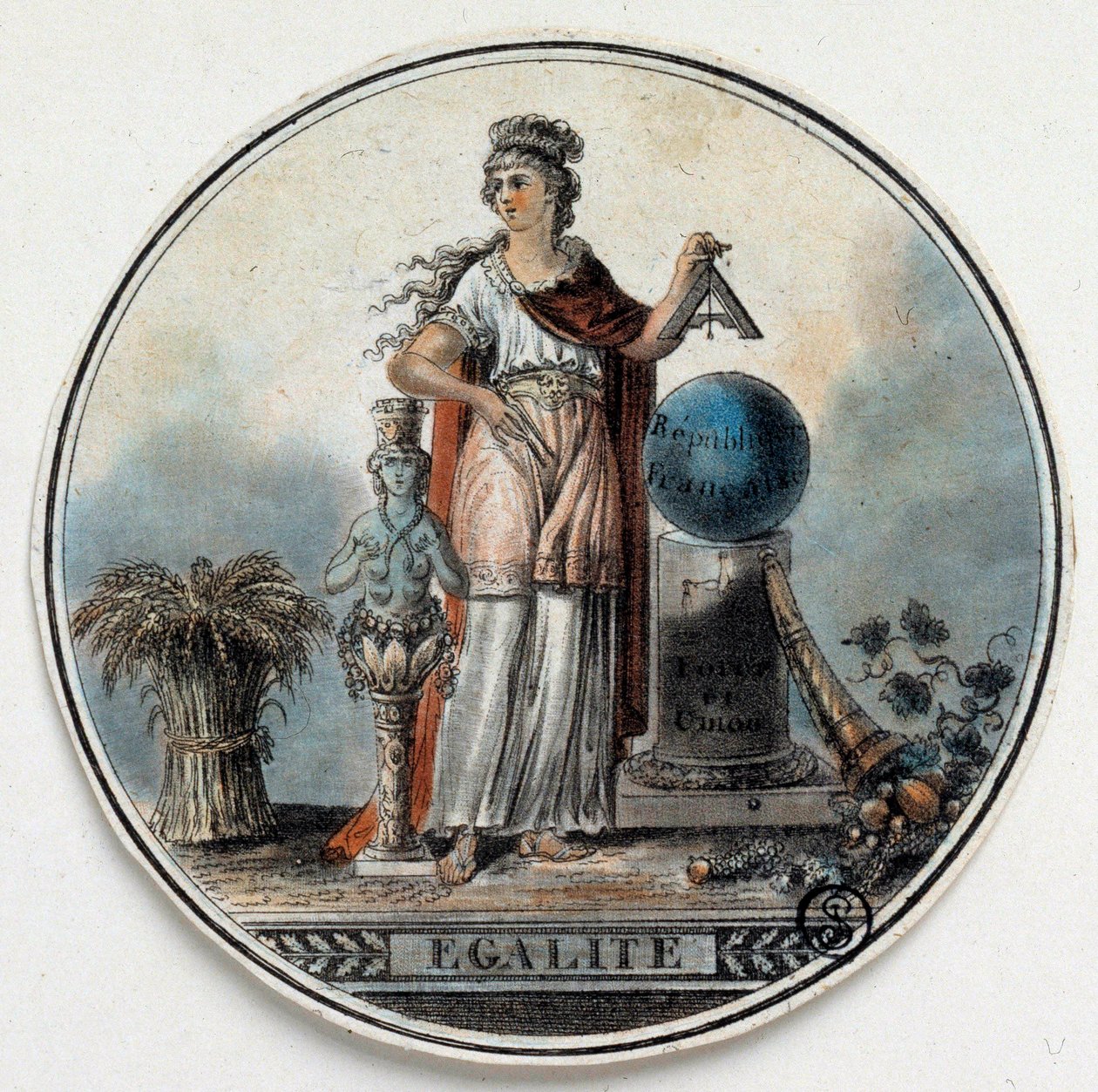 Rewolucja Francuska: alegoria Egality jako kobiety trzymającej plac w pobliżu Republiki Francuskiej, róg obfitości. Koniec XVIII wieku w Paryżu, B.N. autorstwa French School