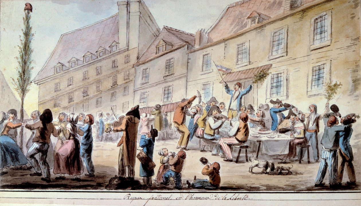 Rewolucja Francuska: braterski posiłek na cześć wolności w czerwcu 1793. Patrioci i paryżanie świętują Liberte. W tym okresie po raz pierwszy pojawiło się hasło „Liberte, egalite, braterstwo”. Akwarela z 1793 r. Paryż, Biblioteka Arsenału autorstwa French School