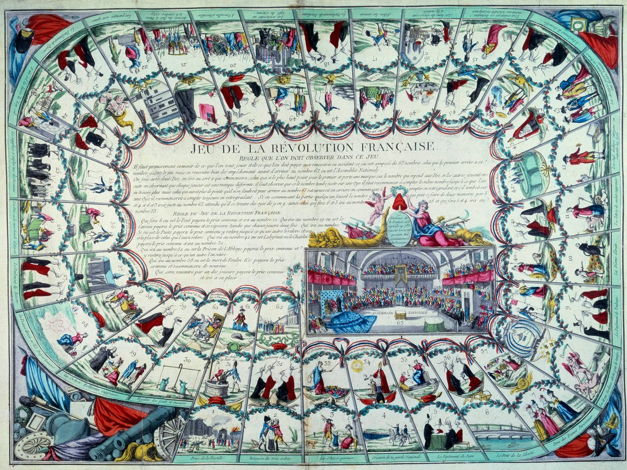 Rewolucja Francuska: gra w gęś przedstawiająca główne etapy rewolucji i pogląd Zgromadzenia Narodowego. Koniec XVIII wieku. Paryż, B.N. autorstwa French School
