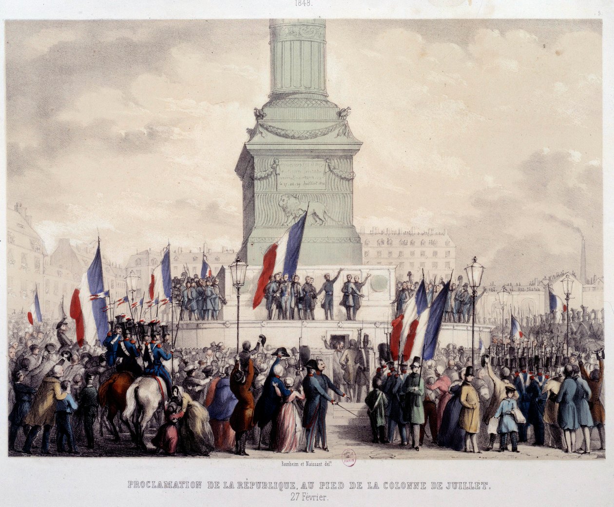 Rewolucja francuska 1848: proklamacja Drugiej Republiki u stóp kolumny lipcowej na Place de la Bastille 25.02.1848. Litografia z XIX wieku. Paryż, Musee Carnavalet autorstwa French School