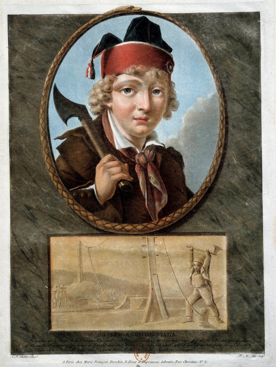 Rewolucja Francuska: portret młodego Josepha Agricola Viali (1780-1793), który brał udział w powstaniu w Marsylii w 1793 roku. Przedstawia go na dole, który przecina liny pontonu de la Durance, aby zatrzymać przejście rojalistów. XVIII wiek autorstwa French School