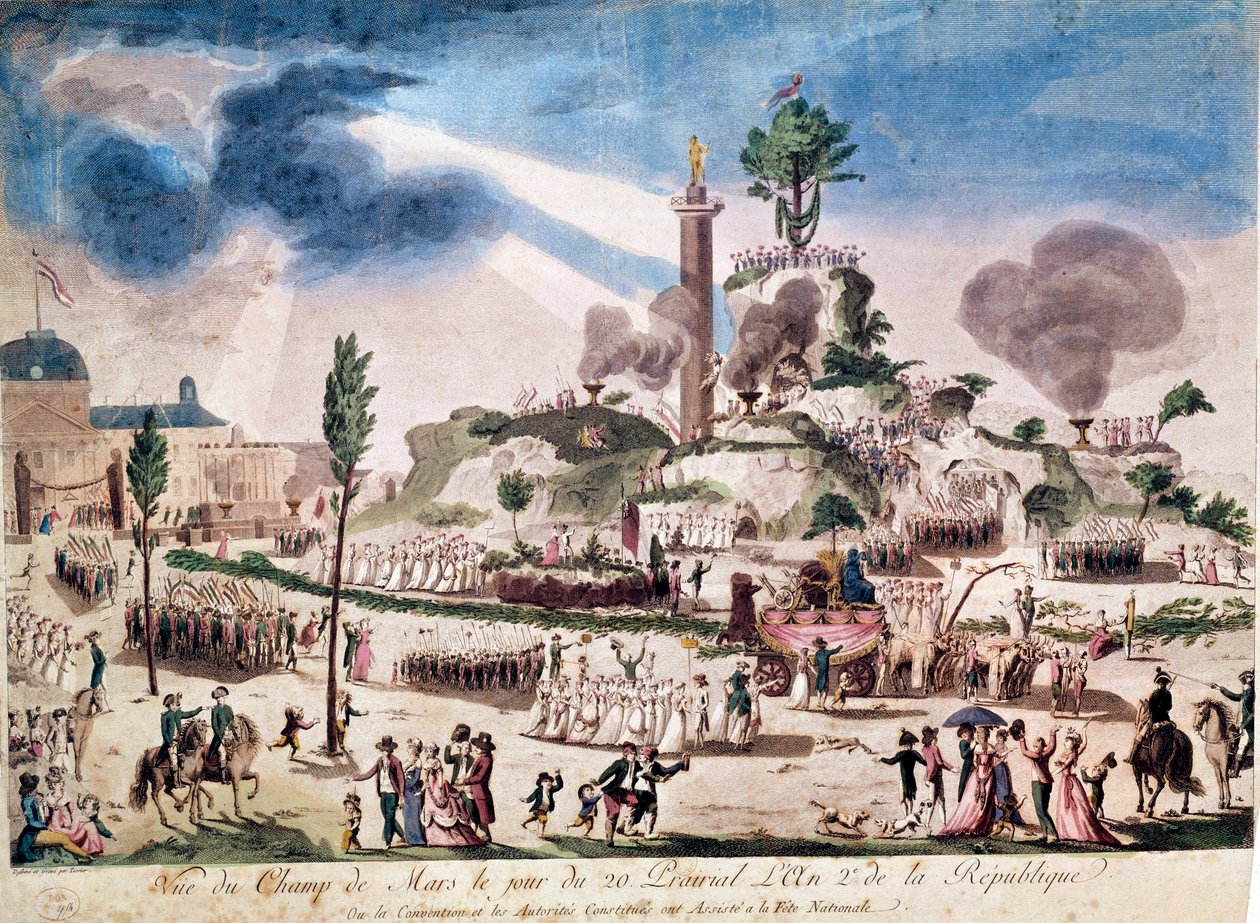 Rewolucja Francuska: Święto Najwyższej Istoty na Polach Marsowych 8.06.1794 (20 Prairial An II). Anonimowy rycina z XVIII wieku. autorstwa French School