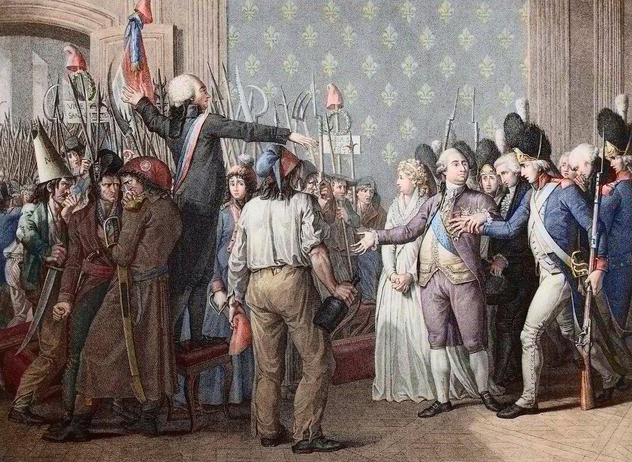 Rewolucja Francuska: Marsz na Tuileries, 20 czerwca 1792 - Rewolucja Francuska - Atak na Palais des Tuileries, 20 czerwca 1792 - Dzień 20 czerwca 1792 w Chateau des Tuileries. Król Ludwik XVI przedstawia się ludowi i rozgrzewa czerwony c autorstwa French School