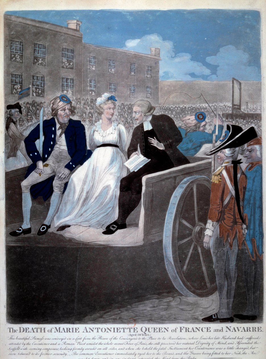 Rewolucja francuska: "Królowa Francji Maria Antonina (1755-1793) zostaje zabrana na gilotynę". Rycina z 1793 roku. Paryż, Biblioteka Arsenału autorstwa French School
