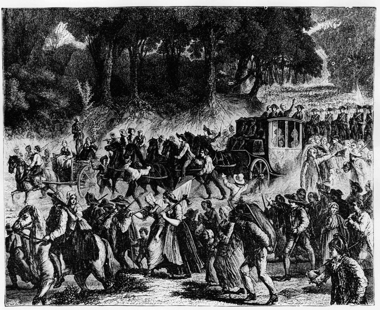 Rewolucja Francuska: przybycie rodziny królewskiej (Ludwika XVI i Marii Antoniny) do Paryża, 5 października 1789 - rycina. autorstwa French School