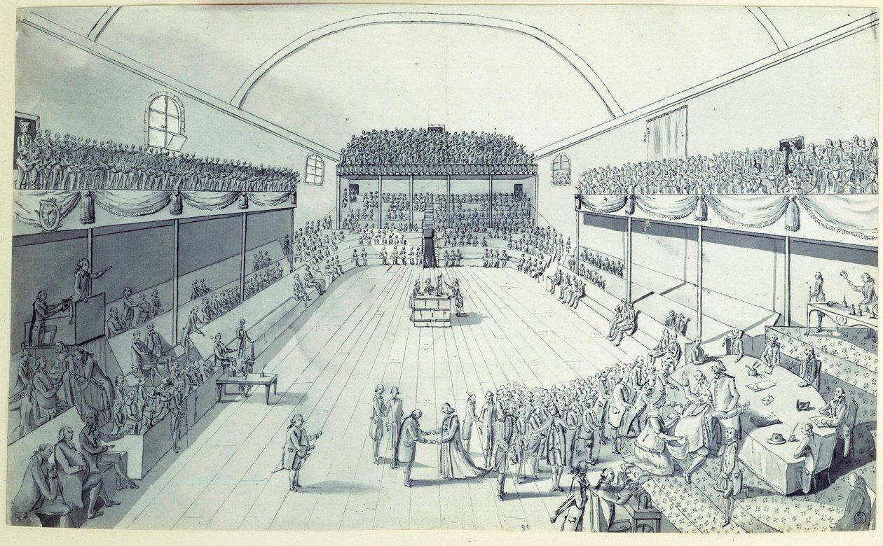 Rewolucja Francuska: narodziny Konstytucji we wrześniu 1791 r. Przeredagowane przez Guy Jean-Baptiste Target (1733-1807) w sali Jeu de Paume w Wersalu, gdzie posłowie złożyli przysięgę 20.06.1789 r. Anonimowy rysunek ok. 1791 r. Paryż, Lou autorstwa French School