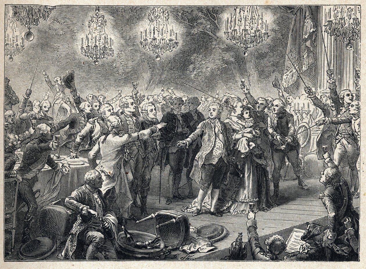 Rewolucja francuska: rojaliści przysięgają wierność monarchii w obecności króla Ludwika XVI (1754-1793) królowej Marii Antoniny (1755-1793) i delfina na bankiecie ochroniarzy zorganizowanym 1 października 1789 w oranżerii wersalskiej - autorstwa French School