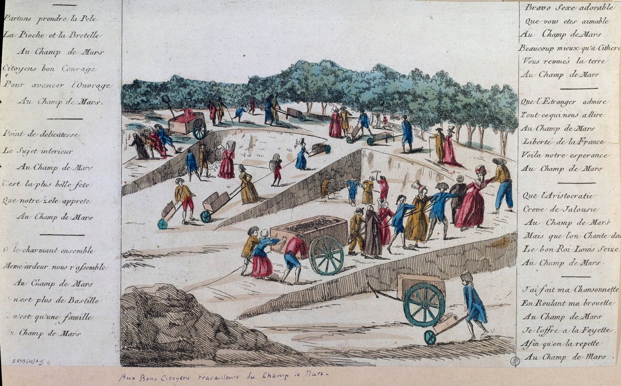 Rewolucja francuska: robotnicy na Polach Marsowych w Paryżu w 1789 r. Paryż, Musee Carnavalet autorstwa French School