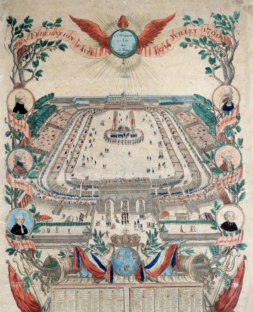 Rewolucja francuska: widok na święto federacji narodowej 14/07/1790 na Polach Marsowych. Rycina z 1790 roku. Paryż, Archiwum Narodowe autorstwa French School