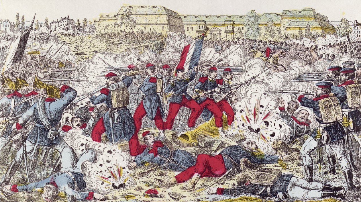 Wojska francuskie otoczone przez armię pruską w bitwie pod Sedanem, 31 sierpnia 1870 r autorstwa French School