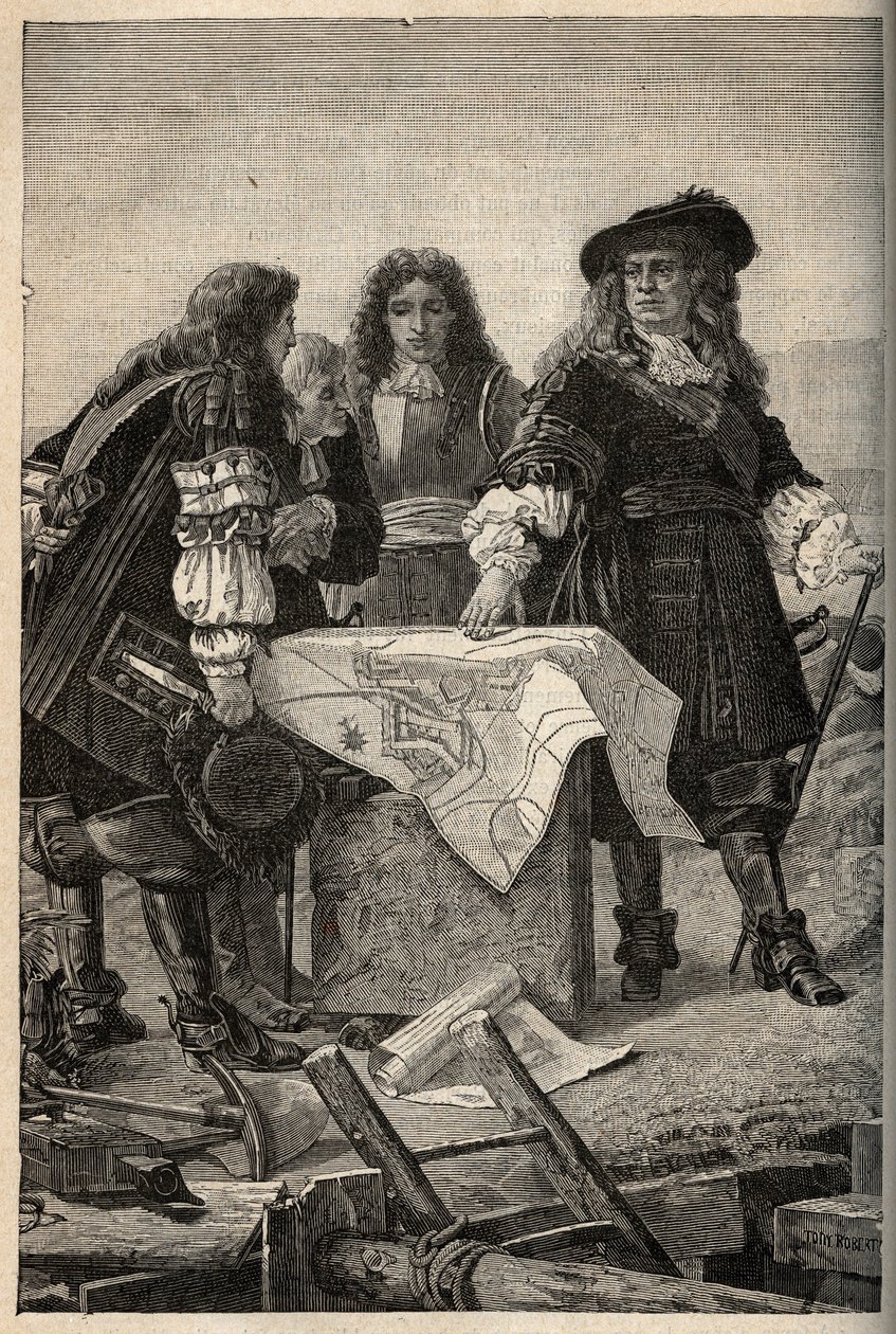 Francuski architekt Vauban opracowuje plany fortyfikacji Belfort (wschodnia Francja) na zlecenie Ludwika XIV w 1687 r. - Sebastien Le Prestre de Vauban podający plany obwarowań Belfort - grawerowanie w „PATRIE” - OPIS PECTUREQU autorstwa French School