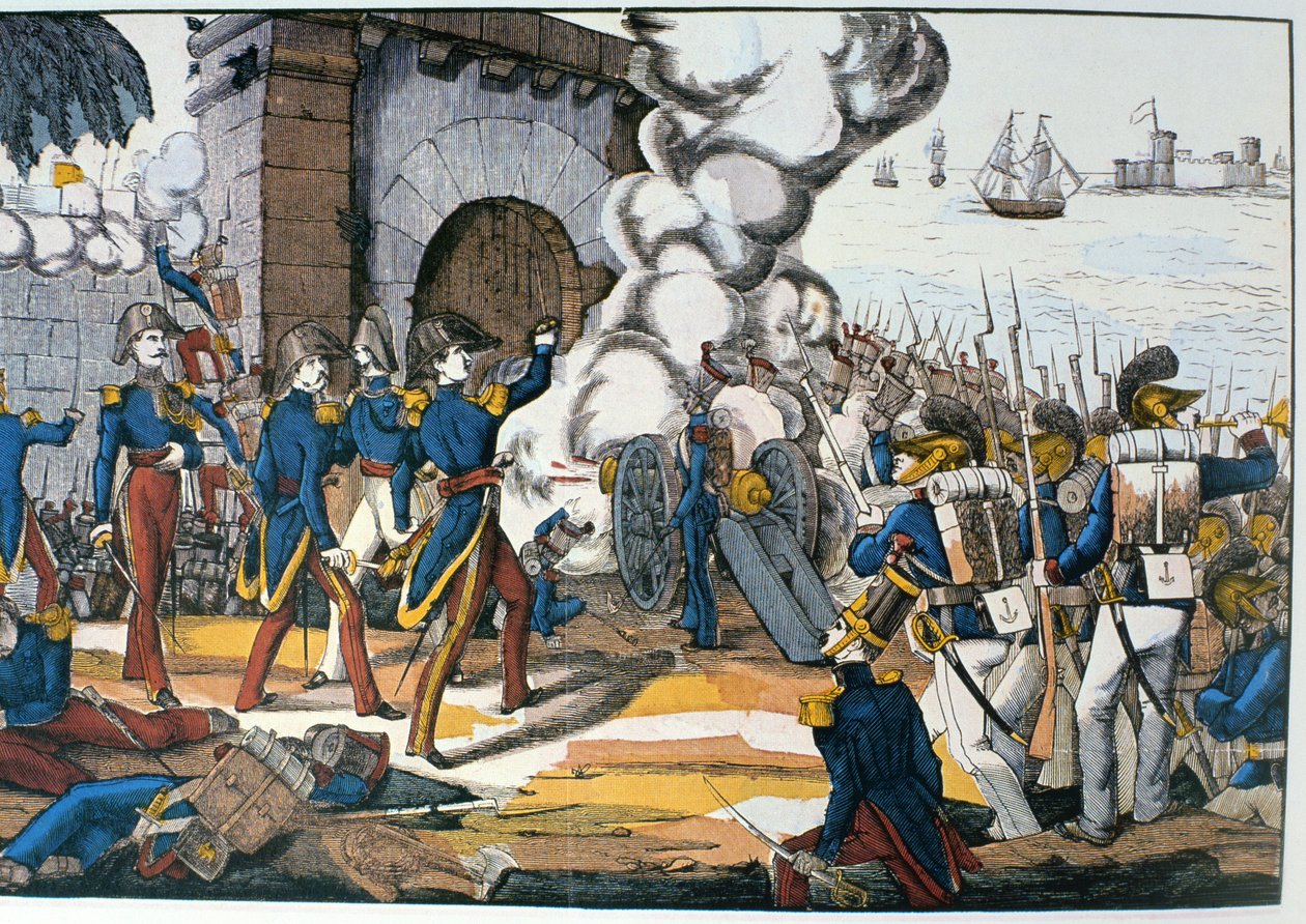 Francuski atak na meksykańską fortecę San Juan de Ulua podczas wojny cukierniczej w 1838 r autorstwa French School