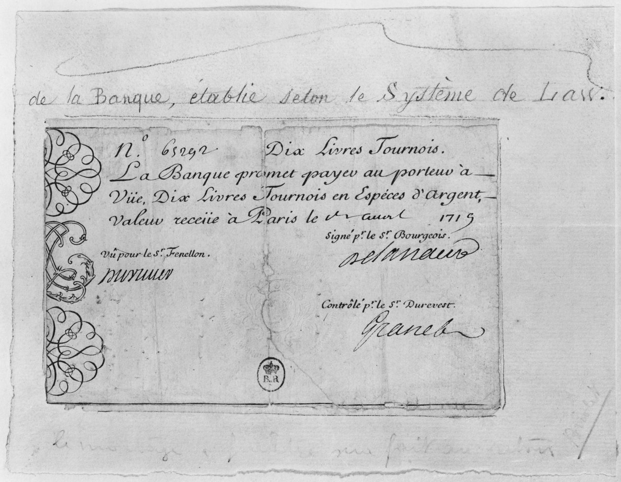 Banknot francuski dziesięciofuntowy z Law Bank z dnia 1 kwietnia 1719 r. autorstwa French School