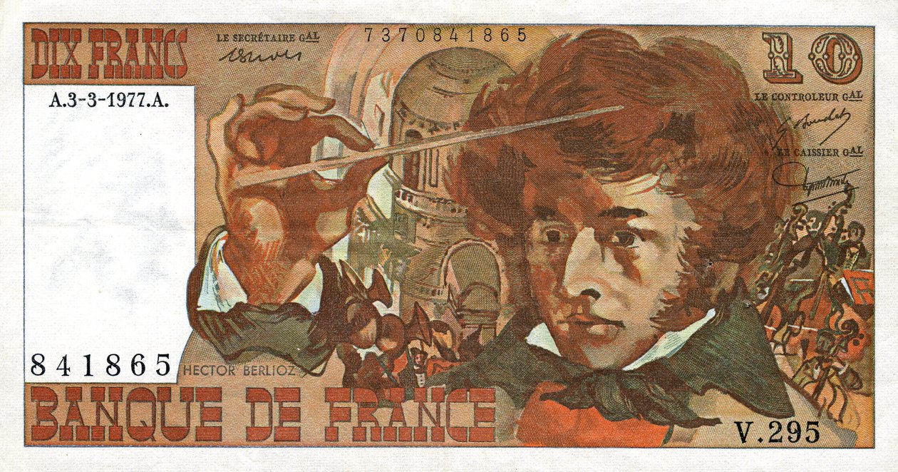 Banknot francuski z podobizną francuskiego kompozytora Hectora Berlioza autorstwa French School