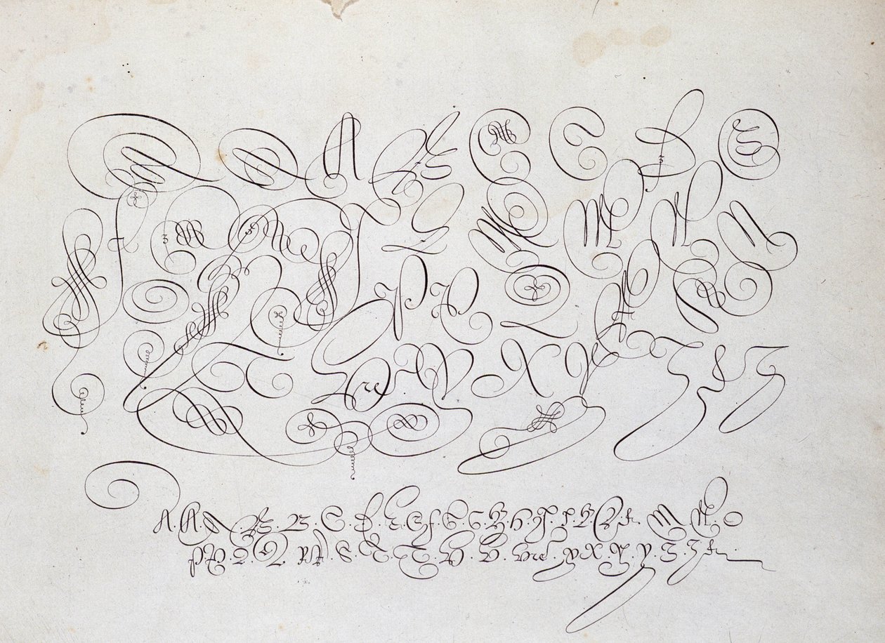 Kaligrafia francuska: Tabliczka kapitelu, rycina Frisiusa, kalkografa króla autorstwa Roberta Vignona w ogrodzie pisarskim ok. 1600 r. autorstwa French School