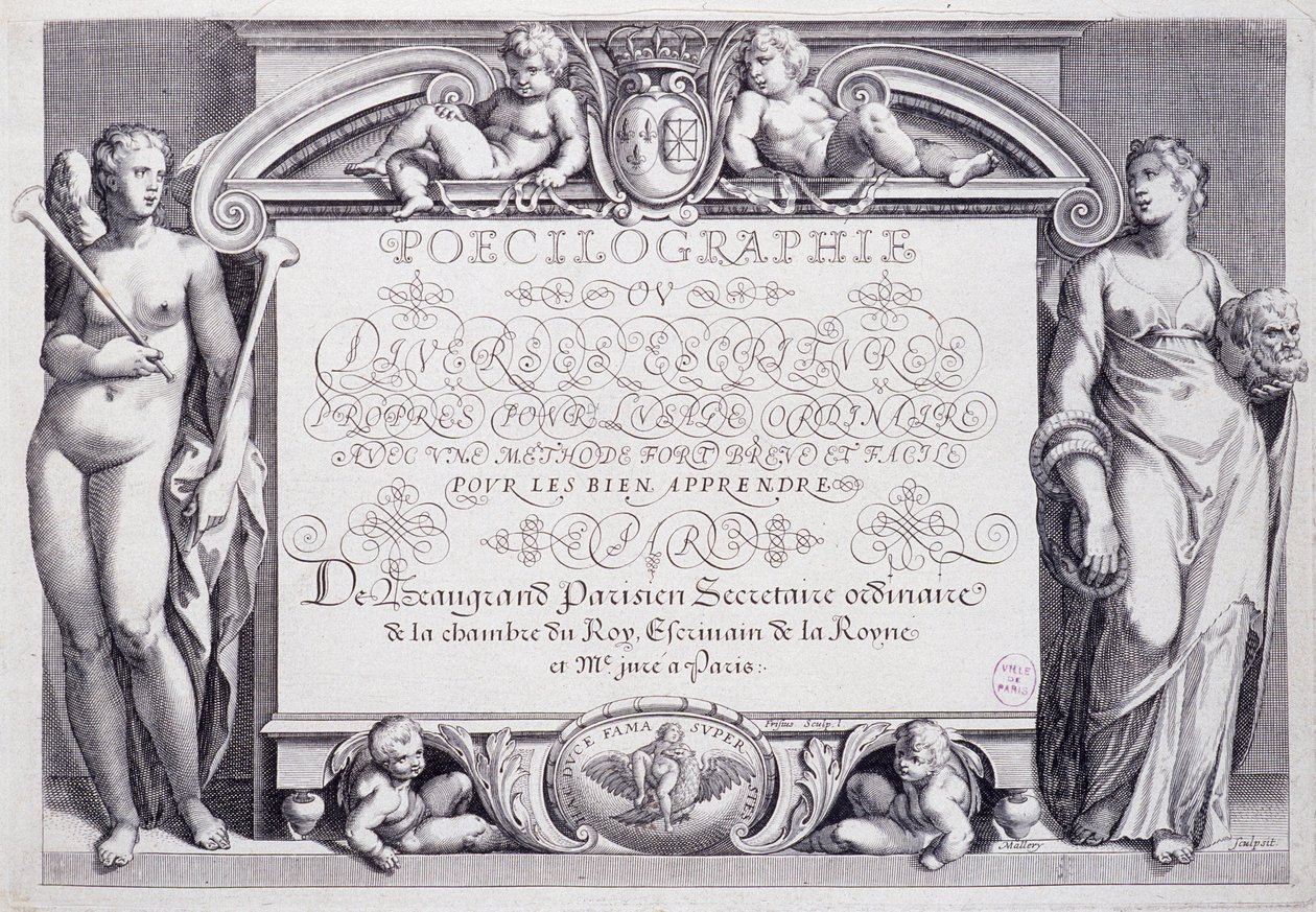 Kaligrafia francuska: poecylografia, frontyspis, Baptiste de Beaugrand w 1606 r. autorstwa French School