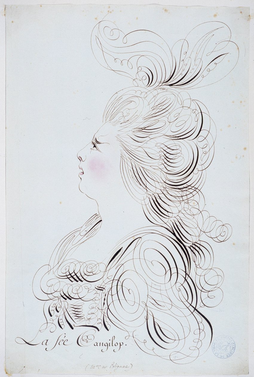 Kaligrafia francuska: Portret księżniczki Polignac na twarzy podkreślony akwarelą Bernarda de Paris około 1780 r. Biblioteka historyczna miasta Paryża. autorstwa French School