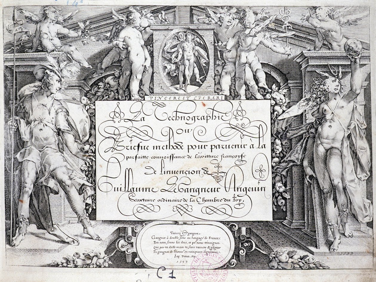 Kaligrafia francuska: Technografia, frontyspis Guillaume the Gangneur około 1599. Biblioteka historyczna miasta Paryża. autorstwa French School