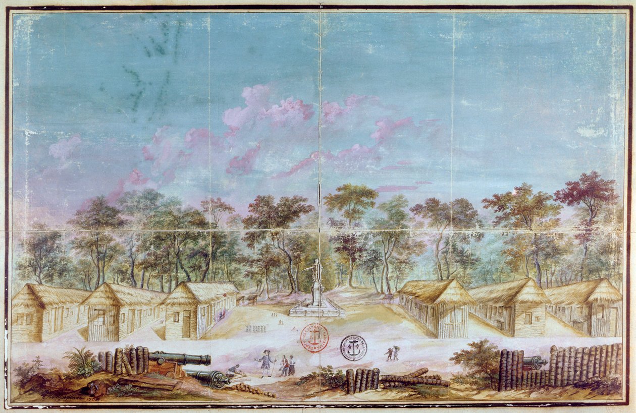 Osadnictwo francuskich kolonistów na plaży Kourou w Gujanie w 1763 r. (wc na papierze) autorstwa French School