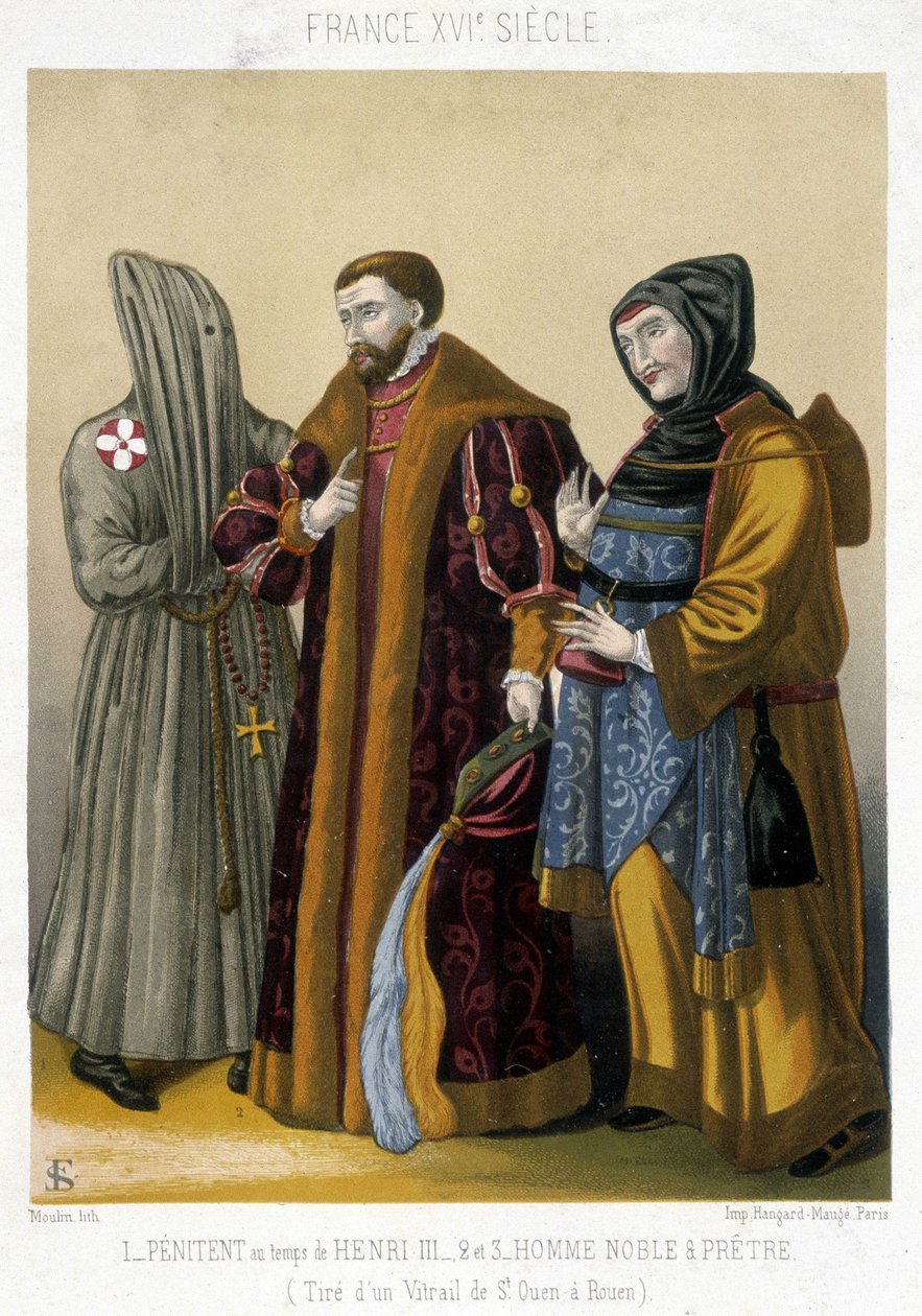 Stroje francuskie w XVI wieku: po lewej stronie pokutnik, w centrum szlachcic, po prawej ksiądz. Ilustracja XIX wieku od Saint Ouen do Rouen. autorstwa French School
